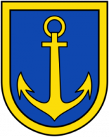 Das Stadtwappen von Ibbenbüren. Ein goldener Anker auf blauer Fläche mit gelben Rand